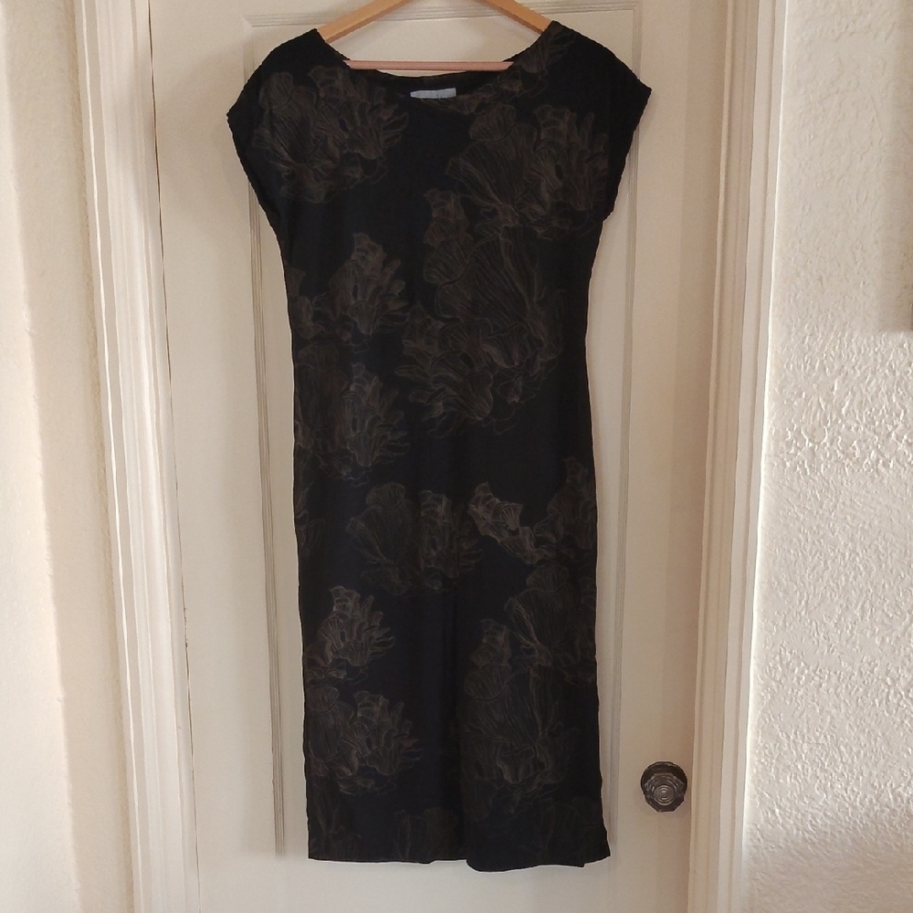 Tonle sustainable black midi dress with unique oyster mushroom print
